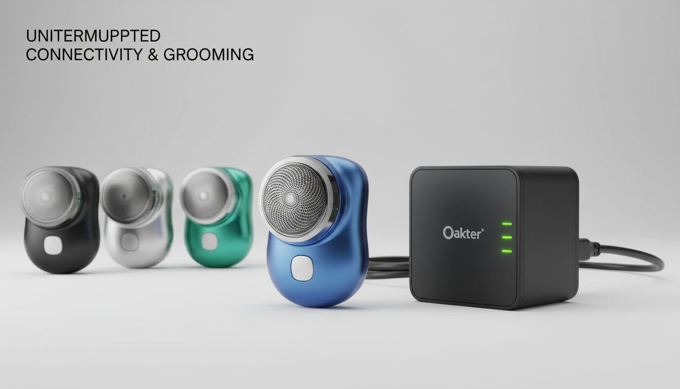 Mini Portable Electric Shaver and Oakter Mini UPS for WiFi Router on a minimalist surface, showcasing modern design and porta