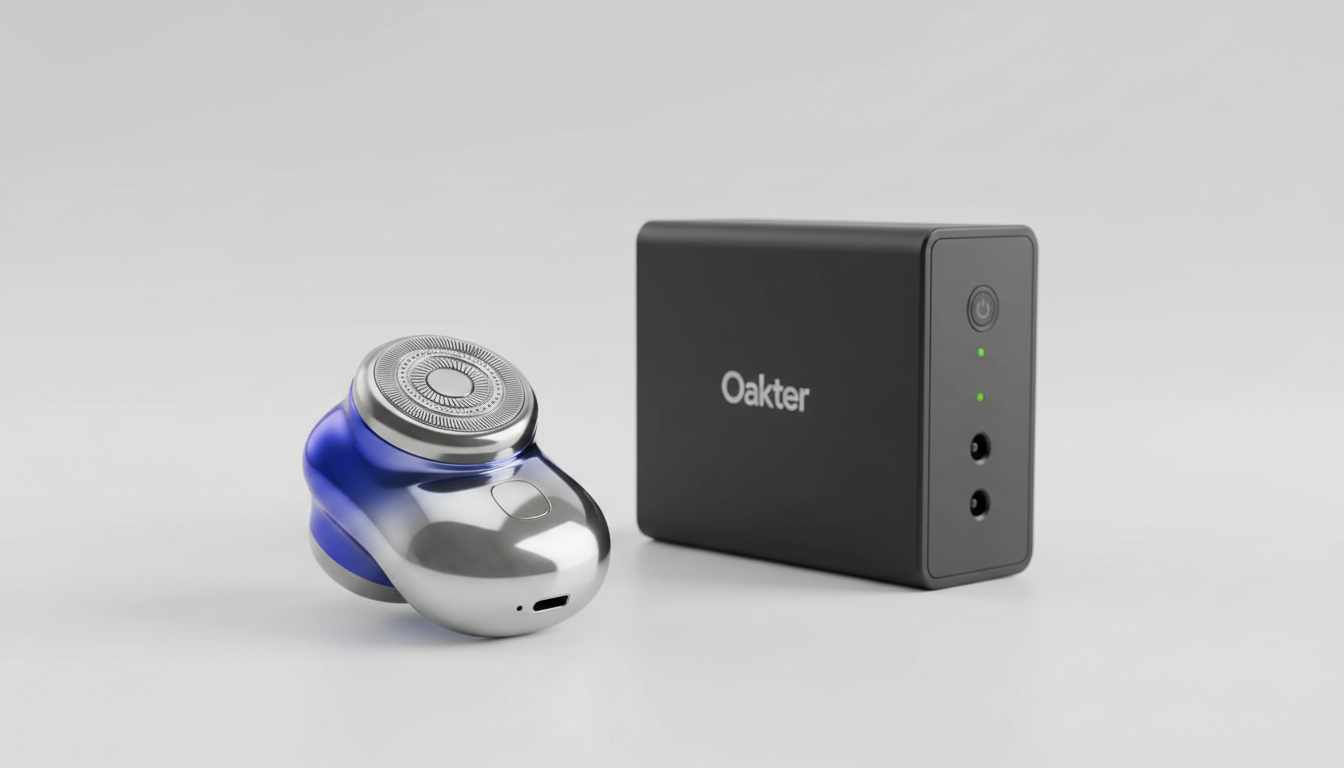 A silver mini portable electric shaver and a black Oakter mini UPS for WiFi routers on a clean, light surface with profession