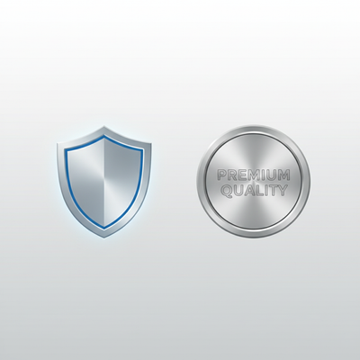 A stylized blue shield icon on the left and a metallic "Premium Quality" badge on the right, against a clean white and grey b